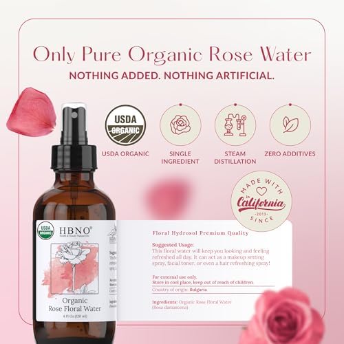 HBNO California Bottled Organic Rose Water for Face 4 fl oz (120ml) - USDA Certified Organic Rose Water Spray for Cleansing- Pure Rosewater for Hair - Rosewater Face Mist