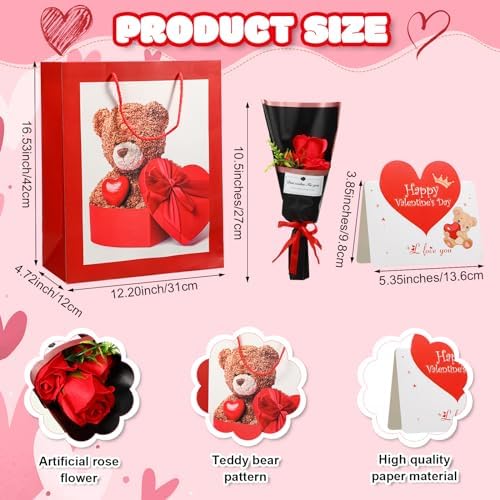 Capoda 4 Pcs Valentine's Day Bear Gifts Set Include 12 Inch Heart Bear Artificial Rose Flowers Valentine Bag and Greeting Card Sweet Day Birthday Gift Basket for Women Wife Mom