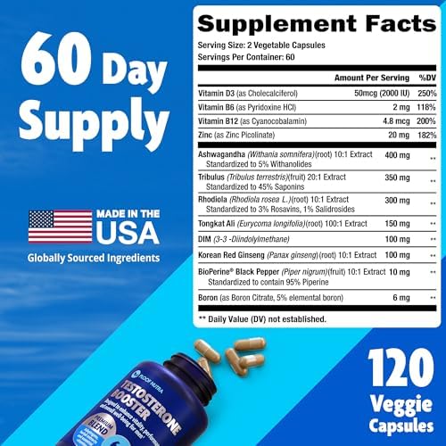 Testosterone Booster Supplement for Men - Male Enhancing Test Boost - Ashwagandha, Tongkat Ali, Rhodiola, Tribulus, Vitamin D3, B6, B12 - Workout, Muscle Builder, Strength, Energy, Performance - 120ct