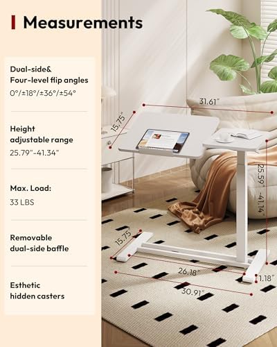SANODESK Small Rolling Overbed Table Adjustable Height with Wheels, Mobile Laptop Desk with Tilting Desktop, Portable Computer Workstation for Home Office, Classroom, Bedside, White