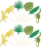 Rsstarxi 24 Pack Glitter Green Dinosaur Set Cupcake Toppers With Green Palm Leaves T-Rex Cupcake Picks Dinosaur Theme Baby Shower Birthday Party Cake Decorations Supplies