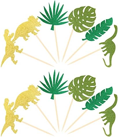 Rsstarxi 24 Pack Glitter Green Dinosaur Set Cupcake Toppers With Green Palm Leaves T-Rex Cupcake Picks Dinosaur Theme Baby Shower Birthday Party Cake Decorations Supplies
