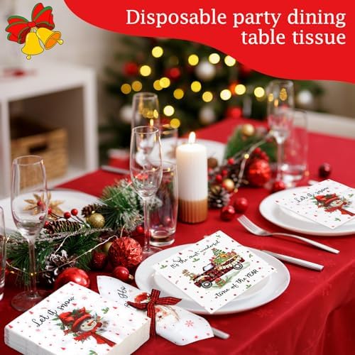 Fulmoon 120 Pcs Christmas Cocktail Paper Napkins Disposable 2 Ply Santa Beverage Napkins Decoupage Xmas Tree Towel for Christmas Party Dinner Table Supplies (Classic Style)
