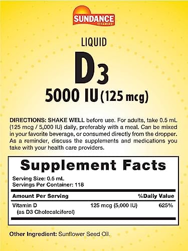 Sundance Liquid Vitamin D3 5000 IU | 2 Fluid Ounces | Essential Vitamin Liquid Drops | Vegetarian, Non-GMO, and Gluten Free Supplement