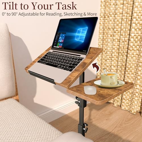 End Table Adjustable Height, 22.8"L Side Table Tv Tray with Wheels, 90° Tilting Panel Couch Table That Slides Under, Small End Table for Small Spaces, Overbed Bedside Desk Mobile Rolling Laptop Stand