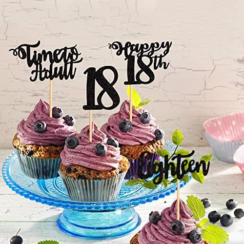 24 Pcs 18th Birthday Cupcake Toppers - Happy 18th Cupcake Picks - Time to Adult - Eighteen Years Old Cake Decorations - Black Glitter