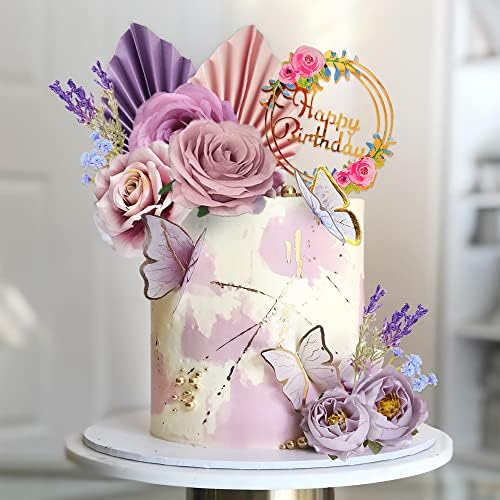 17 PCS Flower Cake Toppers Butterfly Cake Decorations Happy Birthday Cake Toppers with Artificial Purple and Pink Rose Eucalyptus for Birthday Wedding (Purple)