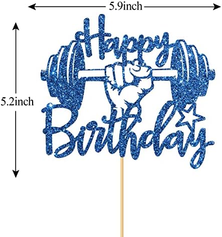 Weightlifting Happy Birthday Cake Topper for Boy Girl/Weight Lifter Birthday Party Decor/Sport Sign Cake Topper/Fitness Gym Party Decorations Blue Glitter