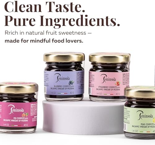 PENINSOLA Balsamic Compote Pack of 4 - Fruit Spread with Balsamic Vinegar of Modena, Italian Gourmet Tasting Kit (Fig, Strawberry, Pear, Blueberry) - Made in Italy – Delicious on Cheese & Dessert