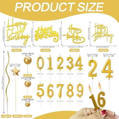 44 PCS Gold Happy Birthday Cake Toppers Set with Star Cake Toppers Ball Cake Decoration Spiral Candles Number Candles for Men Women Perfect Decoration for Birthday Celebration
