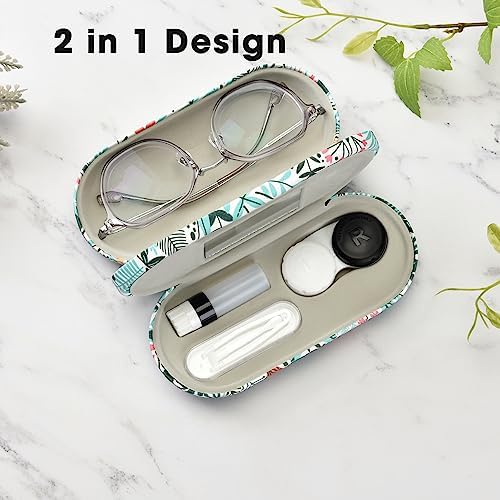 2 in 1 Contact Lens and Glasses Case,Double Sided Dual Use Design with Mirror, Tweezer and Contact Lens Solution Bottle,Portable Soak Storage Kit for Travel,Office(White & Tropical Flowers)