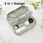 2 in 1 Contact Lens and Glasses Case,Double Sided Dual Use Design with Mirror, Tweezer and Contact Lens Solution Bottle,Portable Soak Storage Kit for Travel,Office(White & Tropical Flowers)