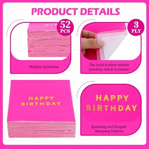 Vuzvuv 52 Pack Gold Foil Happy Birthday Cocktail Napkins - Birthday Party Dinner Hand Napkin for Party Supplies Decorations Table Decor for women man(5" Folded 3 Ply-Hot Pink)