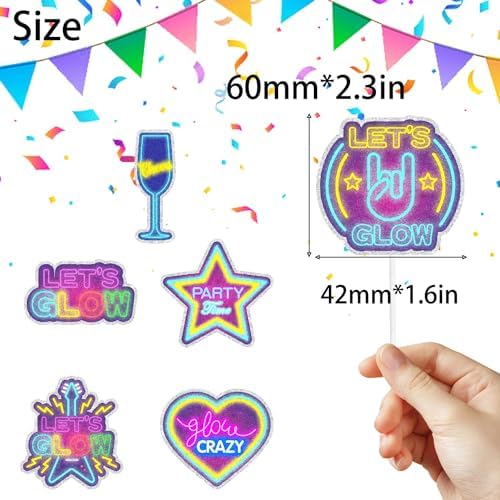 18-piece neon cupcake toppers set Let's Glow Hip Hop Happy Birthday decorations for boys and girls themed birthday parties, kids neon theme parties, and glow crazy themed party decorations. SugarGera