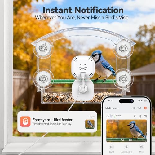 Dzees Window Bird Camera with Strong Suction Mount, 2K HD WiFi Bird Watching Camera with AI Bird Recognition, Live Streaming & Two-Way Audio, 32GB SD Included, Cloud Storage Support