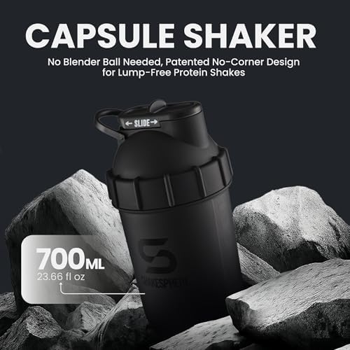 SHAKESPHERE Shaker Bottle - 24oz Leak Proof Protein Shaker Bottle for Pre Workout, Smoothie, and Powder Drink Mixes, No-Blade Mixer for Gym, BPA-Free, Easy Clean & Easy to Carry (Matte Black)