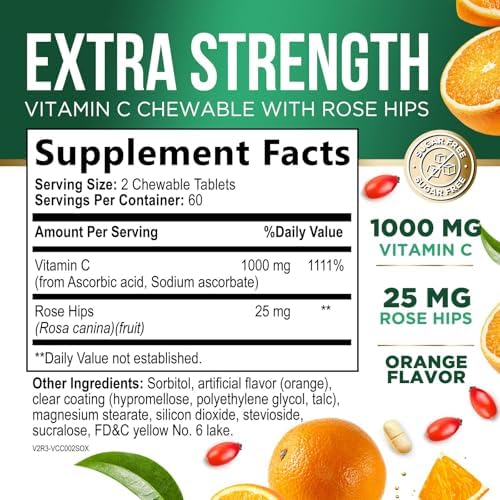 Vitamin C 1000mg Per Serving Chewable - Sugar Free - Extra Strength Antioxidants - Natural Immune Support Supplement with Vitamin C & Rose Hips, Powerful Vit C Chews, Tasty Orange Flavor - 120 Tablets