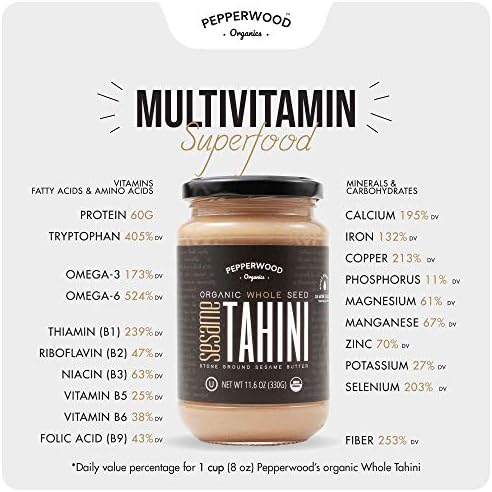 Organic Whole Sesame Tahini Paste - Unhulled & Stone-Ground - Silky Smooth Texture in Hummus, Dips, Dressings - Unsalted, Nut-Free, Kosher, Paleo, Keto 11.6 oz Glass Jar (2-Pack) Pepperwood Organics