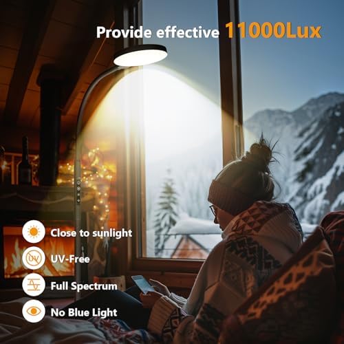 Light Therapy Lamp, 3 in 1 Therapy Floor Lighting, 11000 Lux Full Spectrum Therapy Lamps, UV-Free LED Sunlight, 10 Brightness/5Color/Gooseneck/Height Adjustable with Timer Control, Black