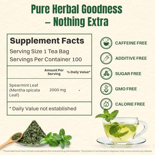 Hiihone Spearmint Tea Bags 100 Count – Pure Spearmint Leaf Herbal Tea, Caffeine-Free, Refreshing Mint Flavor, Supports Digestion & Everyday Wellness, Non-GMO