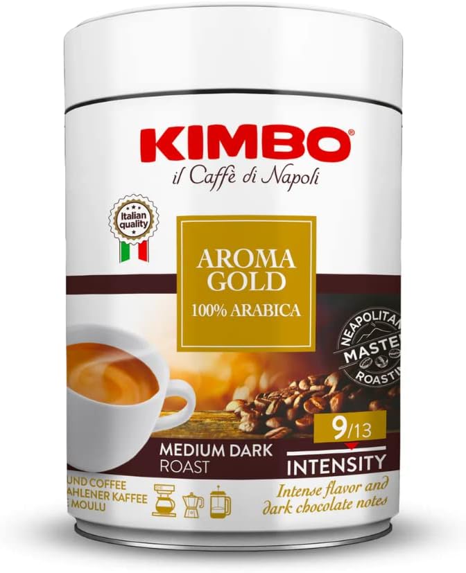 Kimbo Aroma Gold 100% Arabica - 250g Tin for Rich, Bold and Flavorful Italian Espresso, Made in Italy