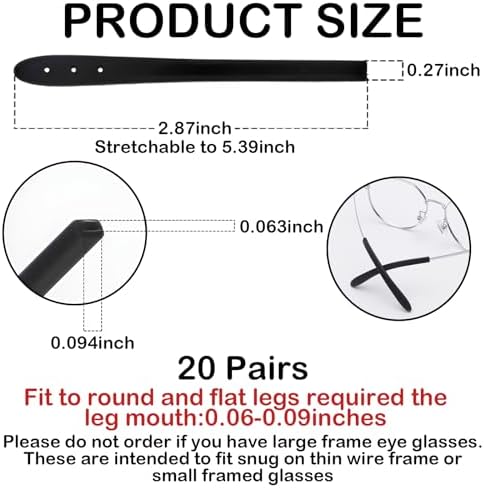 20 Pairs Temple Tips for Eyeglasses, Comfort Silicone Eyeglass Arm Covers, Replacement Ear Pieces for Glasses Black
