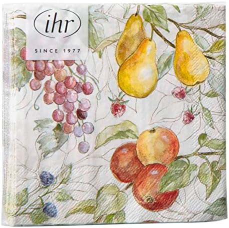 IHR Ideal Home Range Cocktail Napkins Disposable 3-Ply Paper Party Napkin Pack, 5" x 5", Country Fruits (Cream), 20-Count
