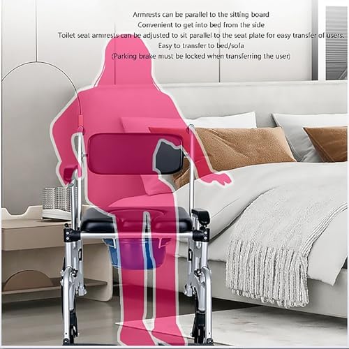 Mobile Shower Chair, 4 in 1 Toilet Rolling Chair with Brake Wheels, Foldable Toilet Chair with Adjustable Armrests, Potty Chair for Adult