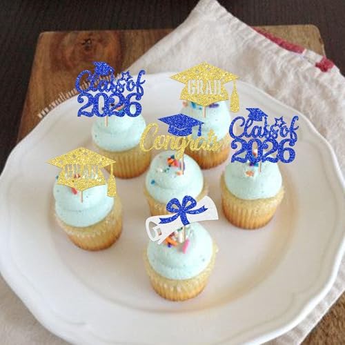 24 Pack Class of 2026 Cupcake Toppers Glitter Diploma Congrats Grad Cap Done Cupcake Picks 2026 graduation Cake Decorations for 2026 Graduation Theme Party Supplies Blue Gold