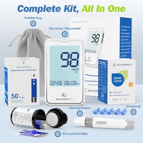 Glucoracy G-425-2 Blood Glucose Monitoring System,Blood Sugar Test Kit with Lancing Device, 50 Test Strips and 50 Lancets for Diabetes, Home Testing Kit
