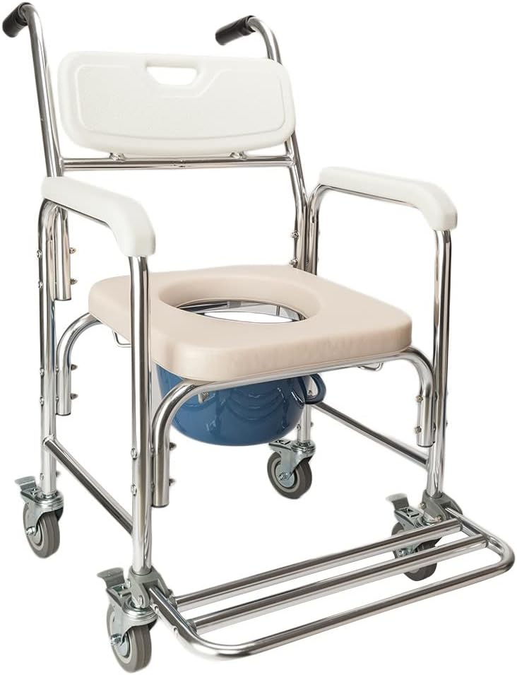 Winado Bedside Commode Chair, 4 in 1 Toilet Rolling Transport Chair with Arms & 4 Brakes, Shower Wheelchair for Adults, Senior, Elderly, Handicap, Disabled (White+ O Shape Cushion)