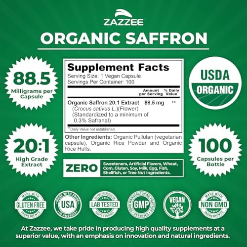 Zazzee USDA Organic Saffron 20:1 Extract, 88.5 mg, 0.3% Safranal, 100 Vegan Capsules, 3+ Month Supply, Concentrated and Standardized 20X Extract, Non-GMO, All-Natural, Made in the USA