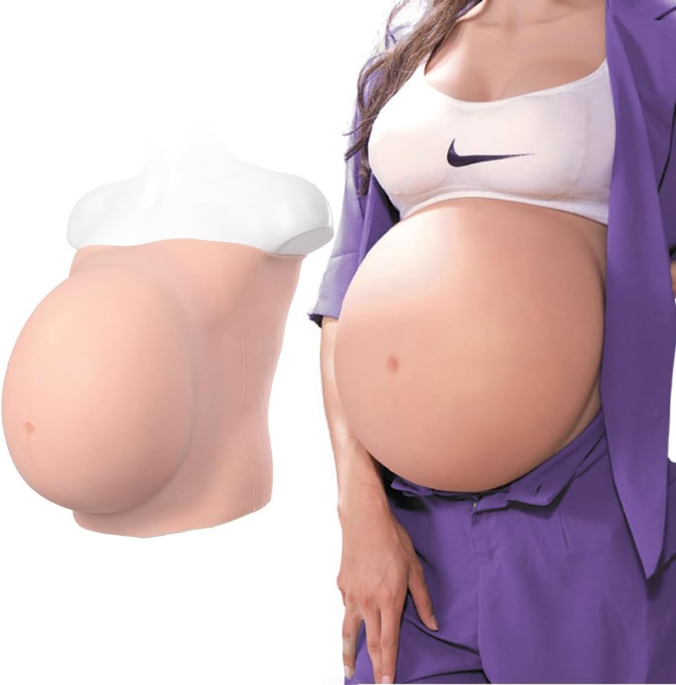 YRZGSAWJ Fake Pregnant Belly 6-10 Month Artificial Realistic Pregnancy Belly Prop Baby Bump Lightweight，Wide Waistband for Pretending Pregnancy (Beige, Large (9-10 month))