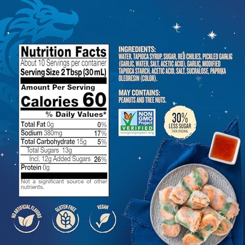 Blue Dragon Reduced Sugar Thai Sweet Chili Sauce - 10.5oz (Pack of 1) - 30% Less Sugar - No Artificial Flavors - Made with Red Chilies & Garlic - Vegan, Non-GMO Verified, Gluten Free - Dipping Sauce