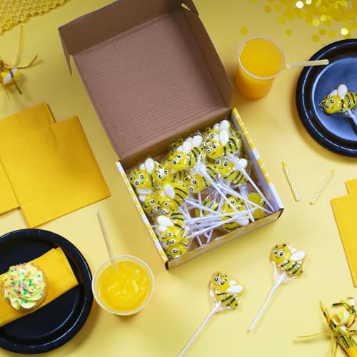 Bee Candy – 24 Individually Wrapped Lemon Flavored Suckers – Honey Bee Party Favors, Baby Showers, Edible Cupcake Toppers, Dessert Table Treats, Goodie Bag Lollipops for Kids