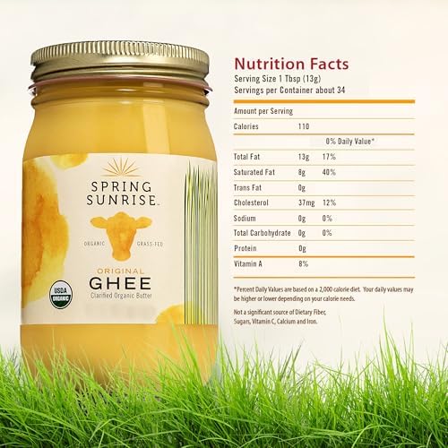Spring Sunrise Organic Grass-Fed Ghee 16 oz, USDA Certified Clarified Butter, Keto & Paleo Friendly Cooking Oil, Non-GMO, Gluten & Casein Free, Sustainably Sourced