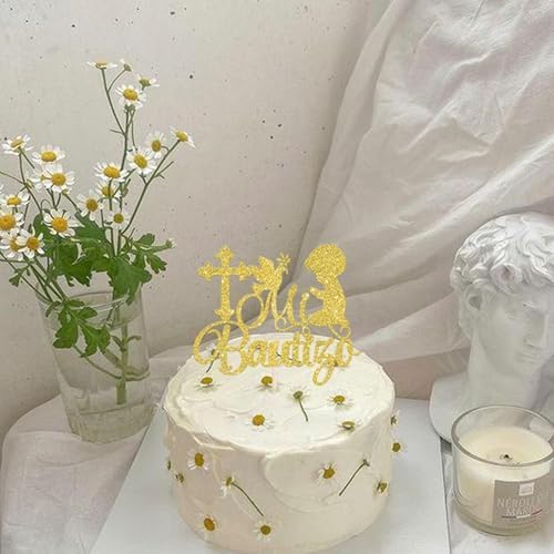 Rsstarxi 1 Pack Spanish Mi Bautizo Cake Topper Baptism Cake Decoration Cross First Holy Communion Cake Pick for Religious God Bless Boy Baptism Baby Shower Party Decoration Gold