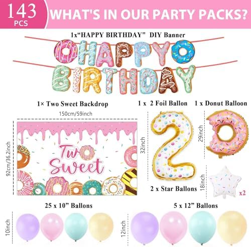 ZOiiWA 143Pcs Two Sweet Birthday Party Decorations Girls Donut tableware Set Sweet Donut 2nd Party Plates Napkins Backdrop Tablecloth Banner Balloons for Baby Girls 2 Years Old Birthday Party Supplies