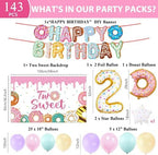 ZOiiWA 143Pcs Two Sweet Birthday Party Decorations Girls Donut tableware Set Sweet Donut 2nd Party Plates Napkins Backdrop Tablecloth Banner Balloons for Baby Girls 2 Years Old Birthday Party Supplies