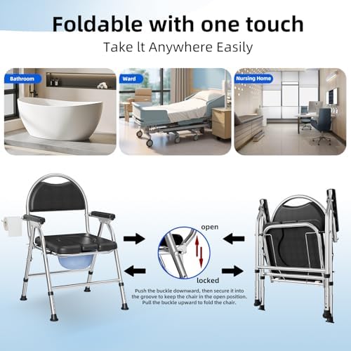 Folding Bedside Commode Chair for Elderly with Adjustable Height, Toilet Seat with Arms Handles and Back Support, Adults Potty Chair with Paper Roll Holder for Seniors, Disabled, and Pregnant (Black)
