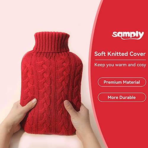 samply Hot Water Bottle with Knitted Cover, 2L Hot Water Bag for Hot and Cold Compress, Hand Feet Warmer, Ideal for Menstrual Cramps, Neck and Shoulder Pain Relief,Red
