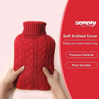 samply Hot Water Bottle with Knitted Cover, 2L Hot Water Bag for Hot and Cold Compress, Hand Feet Warmer, Ideal for Menstrual Cramps, Neck and Shoulder Pain Relief,Red