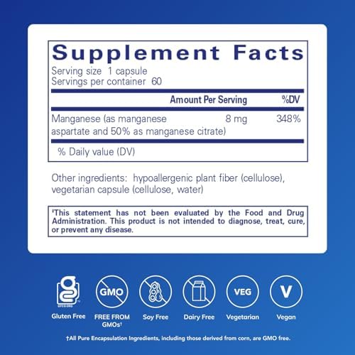 Pure Encapsulations Manganese (Aspartate/Citrate) | Hypoallergenic Trace Mineral Supplement for Connective Tissue and Bones | 60 Capsules