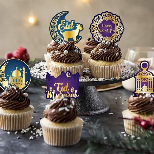 48Pcs Edible Eid Mubarak Cupcake Toppers Wafer Paper Moon Star Ramadan Kareem Cupcake Toppers for Eid Islamic Muslim Party Cake Decorations Supplies