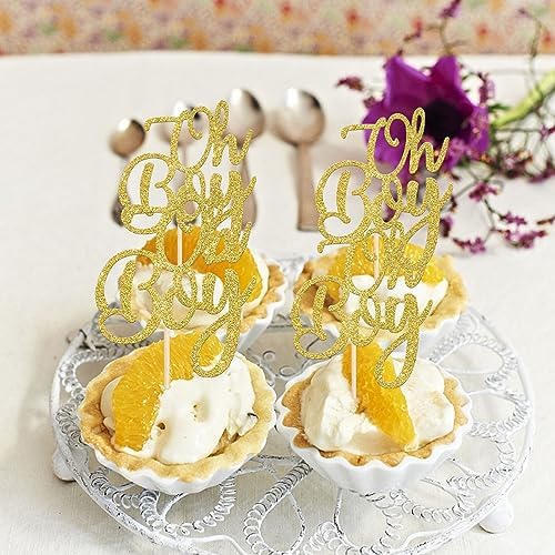 Rsstarxi 24 Pack Oh Boy Cupcake Toppers Gold Glitter Baby Shower Cake Decorations Gender Reveal It's A Boy Cupcake Picks for Celebrating Baby Boy Shower Kids Birthday Party Decorations
