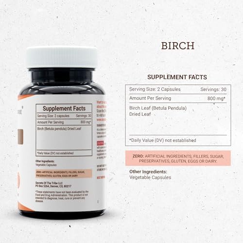 Secrets of the Tribe Birch 60 Capsules, 800 mg, Birch (Betula Pendula) Dried Leaf (60 Capsules)