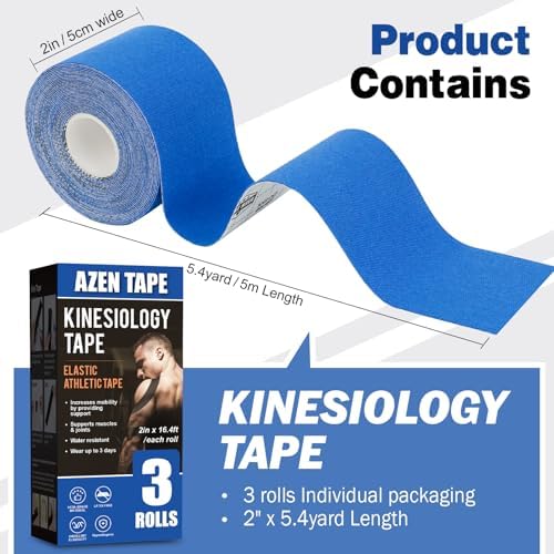 AZEN 3 Rolls Kinesiology Tape, 16.4 ft Waterproof Kinetic Tape for Joints Support and Muscle Pain Relief, Knee Tape, Uncut Muscle Tape, Athletic Tape - Blue