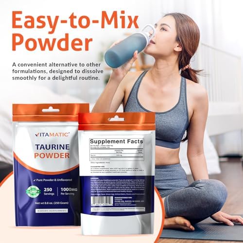 Vitamatic Pure Taurine 1000mg 250 Servings - Non-GMO, Gluten Free