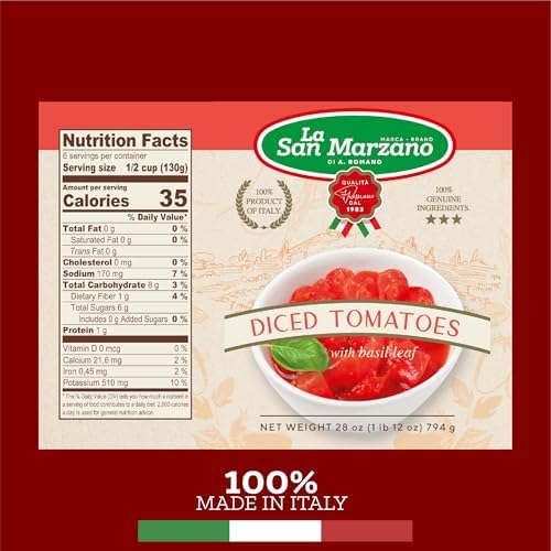 La San Marzano 6 Pack, Italian Diced Chopped Crushed Tomatoes, 100% Product of Italy, 6 x 28 Oz Can, Italian Style, Packed in San Marzano Region of Italy by La Regina