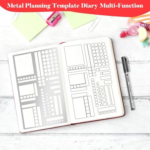 3pcs Metal Planner Stencil Set-Journal Stencil Templates with Ruler for Bullet Journaling, Habit Tracking, Weekly & Monthly Spreads, A5 Notebook Accessories, Rustproof Stainless Steel Design（1 Pen